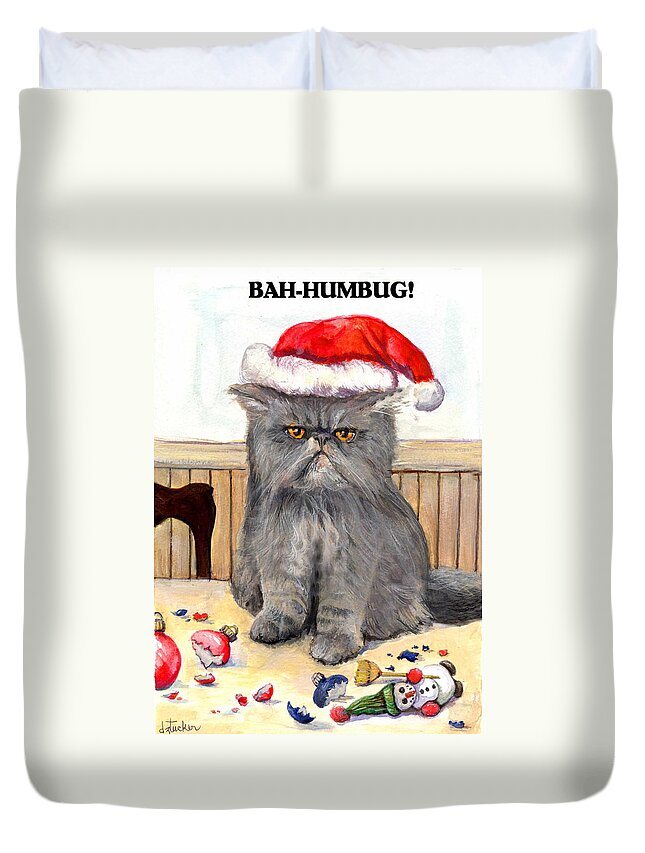 Cat Duvet Cover featuring the painting Bah-humbug #1 by Donna Tucker