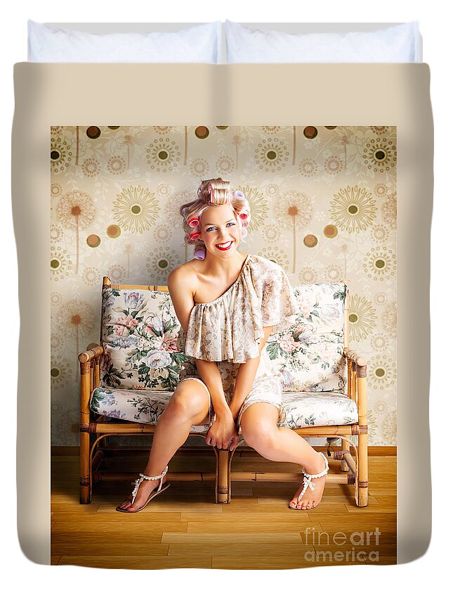Barber Duvet Cover featuring the photograph Beautiful Woman Getting New Hair Style At Salon by Jorgo Photography
