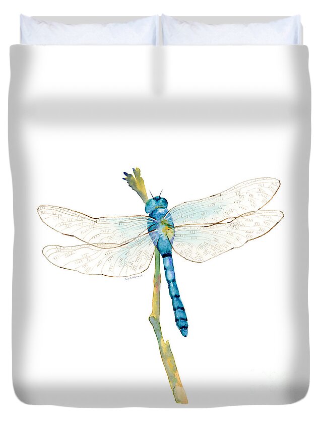 Blue Duvet Cover featuring the painting Blue Dragonfly #1 by Amy Kirkpatrick