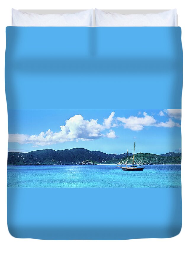 Photography Duvet Cover featuring the photograph Boat In The Sea, Round Bay, East End #1 by Panoramic Images