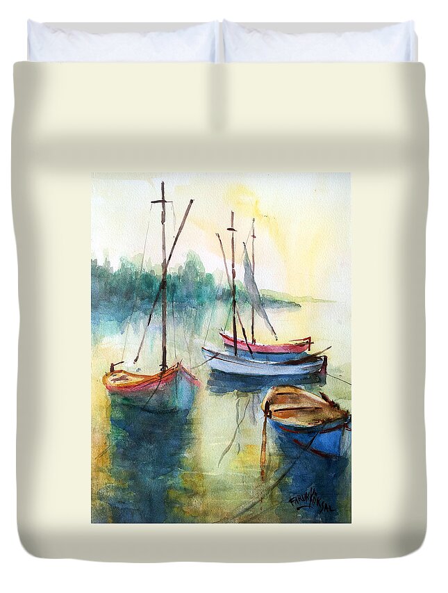 Boats Duvet Cover featuring the painting Boats are Resting #2 by Faruk Koksal