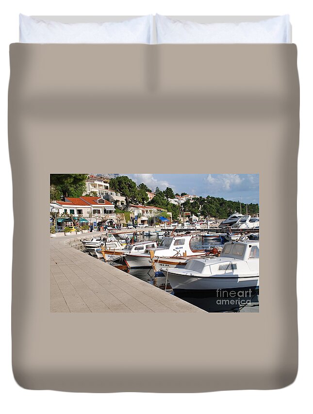 Brela Duvet Cover featuring the photograph Brela harbour Croatia #1 by David Fowler