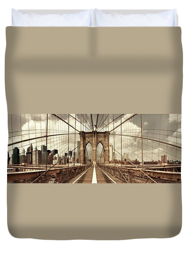 Brooklyn Duvet Cover featuring the photograph Brooklyn Bridge (sepia) by Shelley Lake
