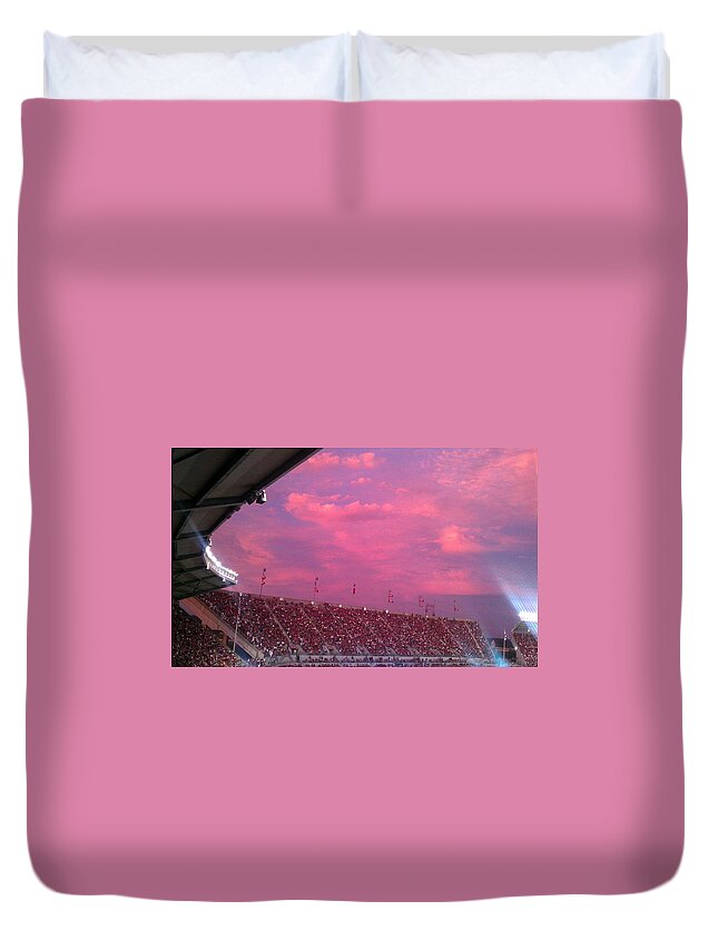 Dusk Duvet Cover featuring the photograph Bryant-Denny Painted Sky by Kenny Glover