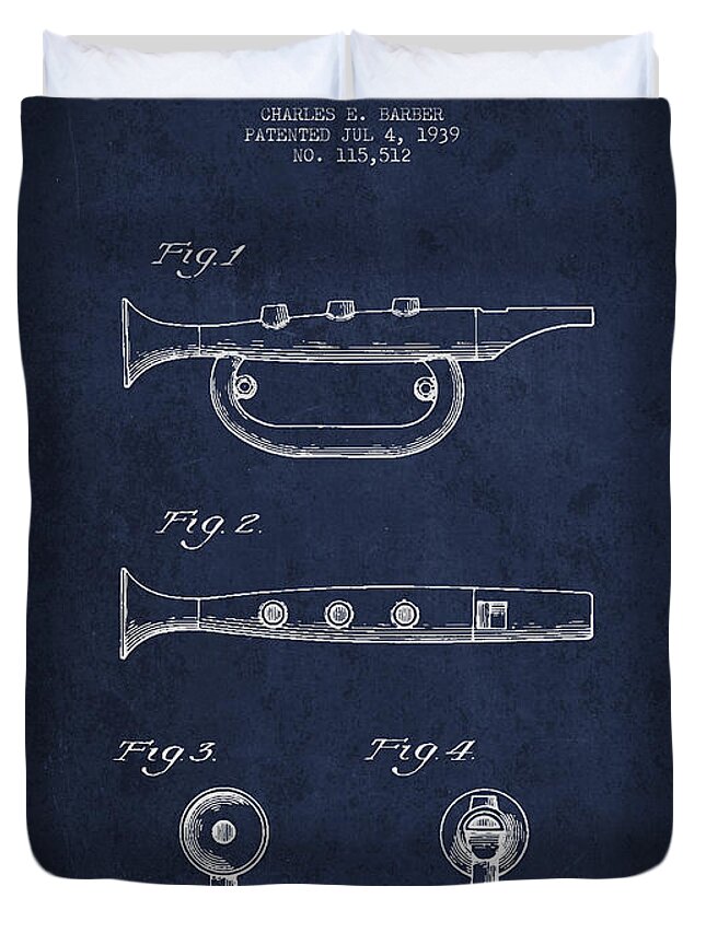 Bugle Duvet Cover featuring the digital art Bugle Call instrument patent Drawing from 1939 - Navy Blue by Aged Pixel