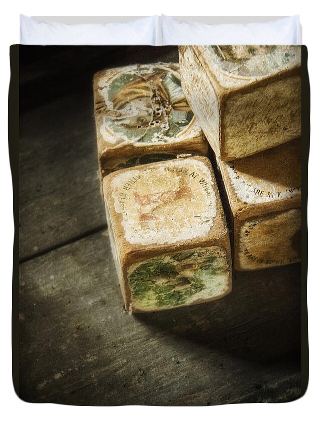 Vintage; Antique; Blocks; Toy; Toys; Child; Children; Child's; Still Life; Wood; Wooden; Floor; Plank; Planks; Pictures; Worn; Dirty; Shadows; Eerie; Mystery; Mysterious; Shroud; Four; Square; No One; Empty; Pile; Stack Duvet Cover featuring the photograph Building Blocks #2 by Margie Hurwich