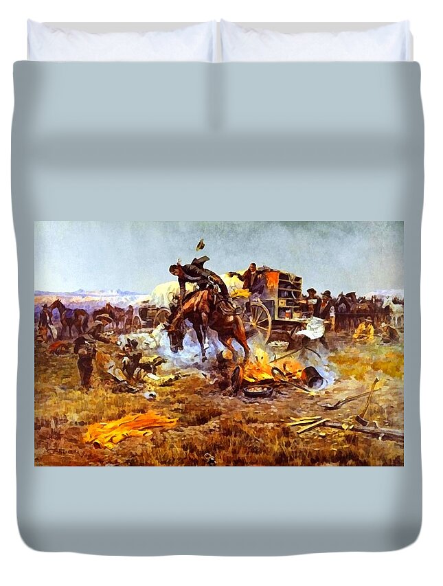 Charles Russell Duvet Cover featuring the digital art Camp Cooks Trouble #1 by Charles Russell