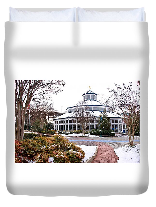 Cory Duvet Cover featuring the photograph Carousel Building in the Snow by Tom and Pat Cory