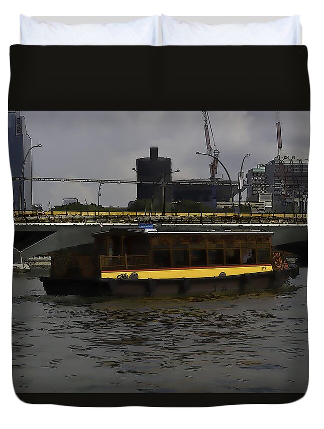 Action Duvet Cover featuring the digital art Cartoon - Colorful river cruise boat in Singapore #1 by Ashish Agarwal