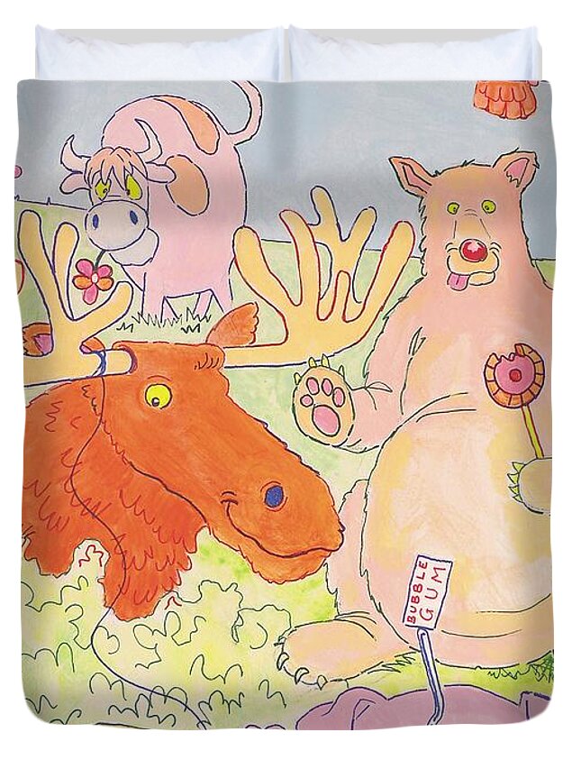 Moose Duvet Cover featuring the painting Cartoon Animals #1 by Mike Jory