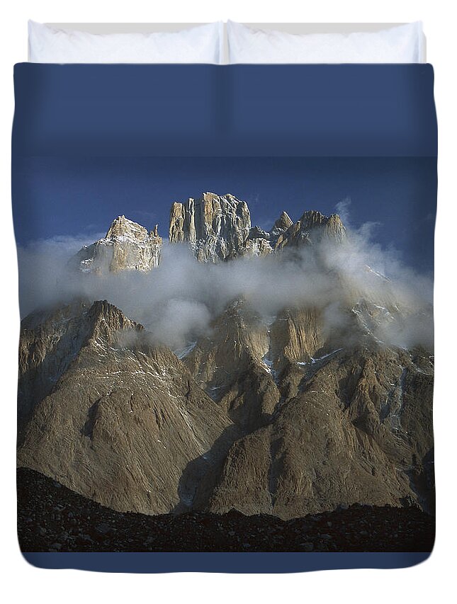 Feb0514 Duvet Cover featuring the photograph Cathedral Peaks At Dawn Pakistan #1 by Colin Monteath