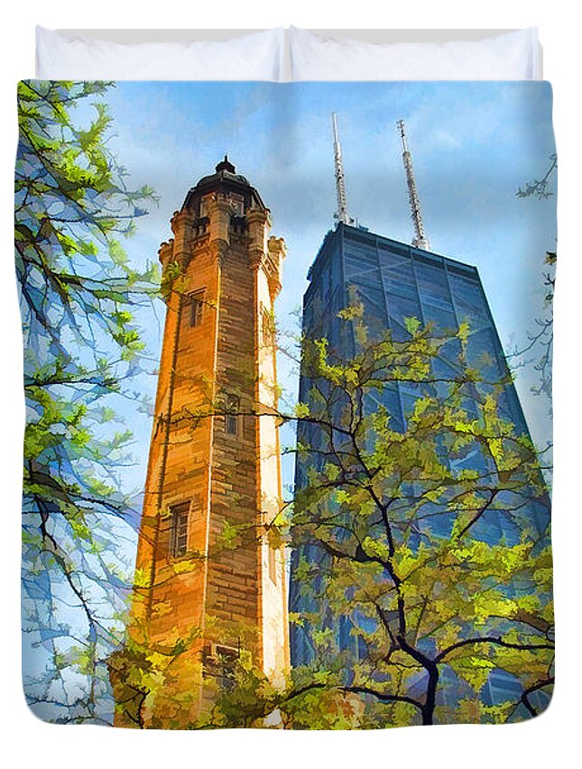 Chicago Water Tower Duvet Cover featuring the painting Chicago Water and Hancock Towers by Christopher Arndt