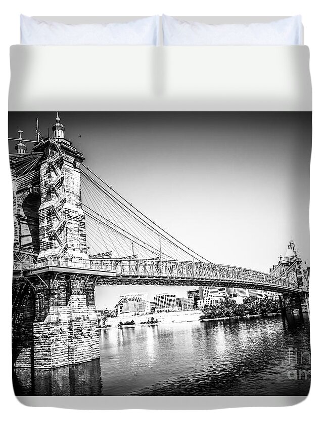 2012 Duvet Cover featuring the photograph Cincinnati Roebling Bridge Black and White Picture by Paul Velgos