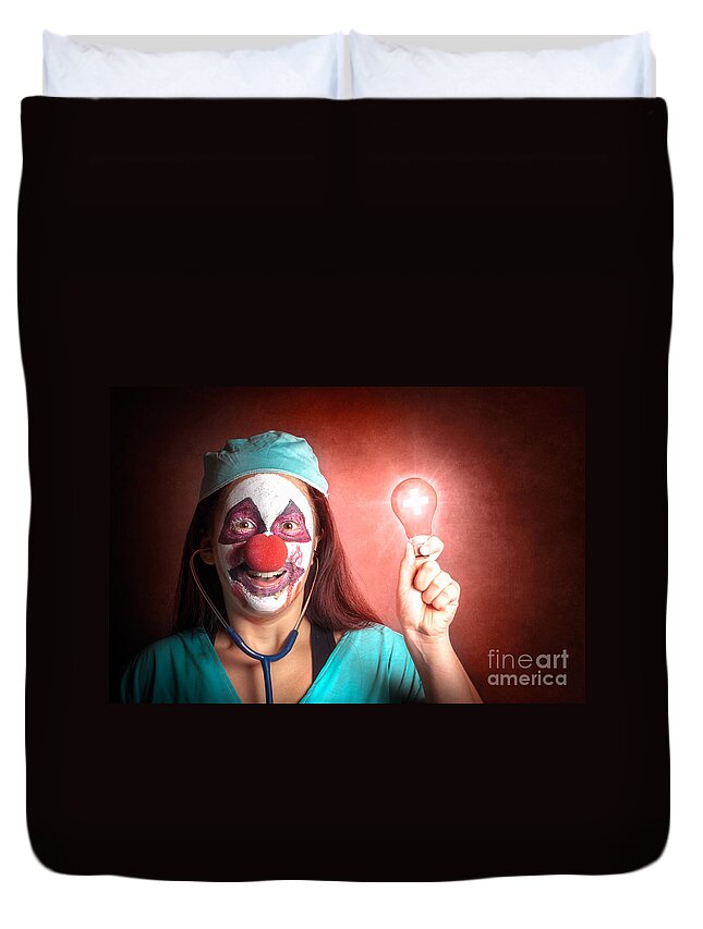 Clown Duvet Cover featuring the photograph Clown doctor holding red emergency lightbulb #1 by Jorgo Photography