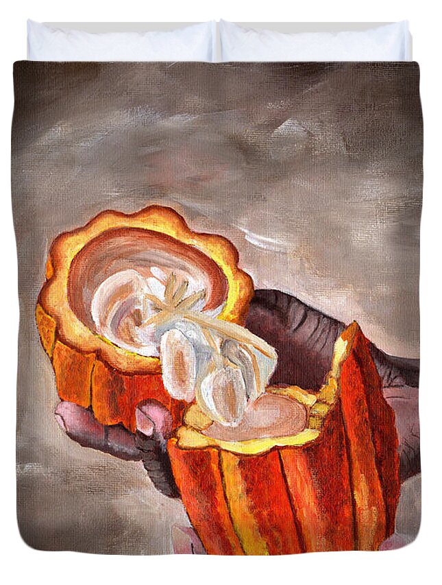 Grenada Duvet Cover featuring the painting Cocoa Pod In Hand by Laura Forde