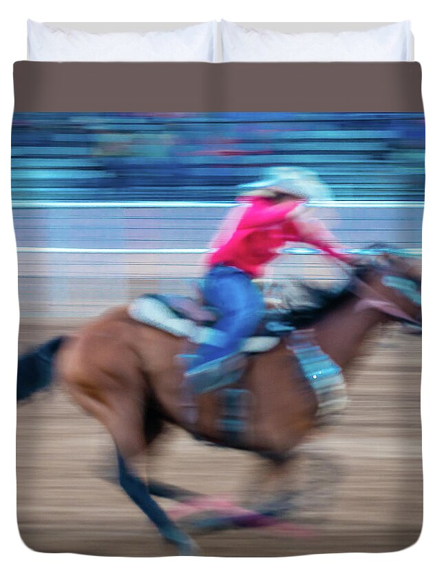Photography Duvet Cover featuring the photograph Cowgirl Rides Fast For Best Time #1 by Panoramic Images