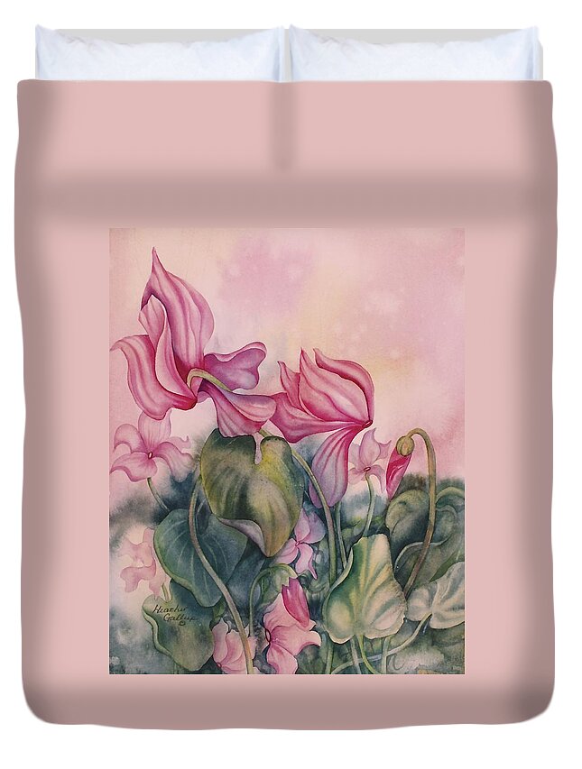 Pink Flowers Duvet Cover featuring the painting Cyclamen by Heather Gallup