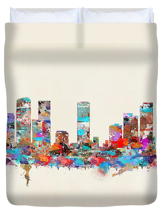 Denver City Colorado Skyline Duvet Cover featuring the painting Denver Colorado Skyline #1 by Bri Buckley