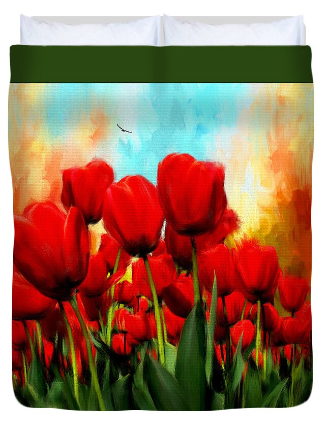 Red Tulips Duvet Cover featuring the digital art Devotion To One's Love- Red Tulips Painting by Lourry Legarde