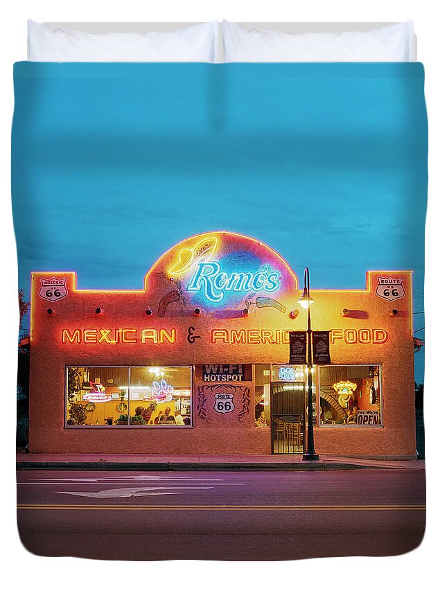 Tranquility Duvet Cover featuring the photograph Diner Along Route 66 At Dusk #1 by Gary Yeowell