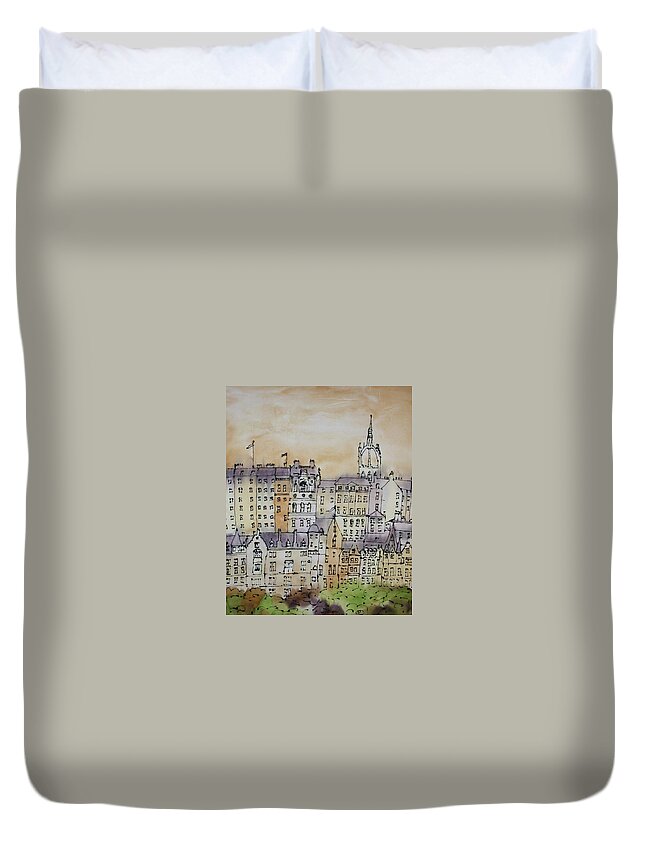 Edinburgh Duvet Cover featuring the painting Edinburgh Scotland #1 by Hazel Millington