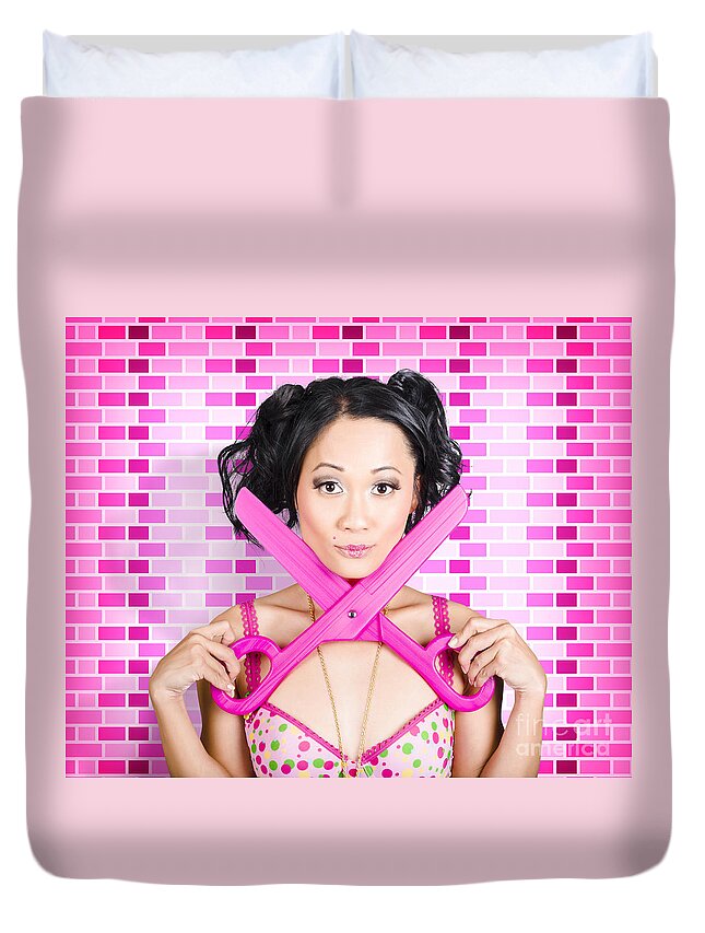 Hair Duvet Cover featuring the photograph Female barber offering cut price beard trims #1 by Jorgo Photography