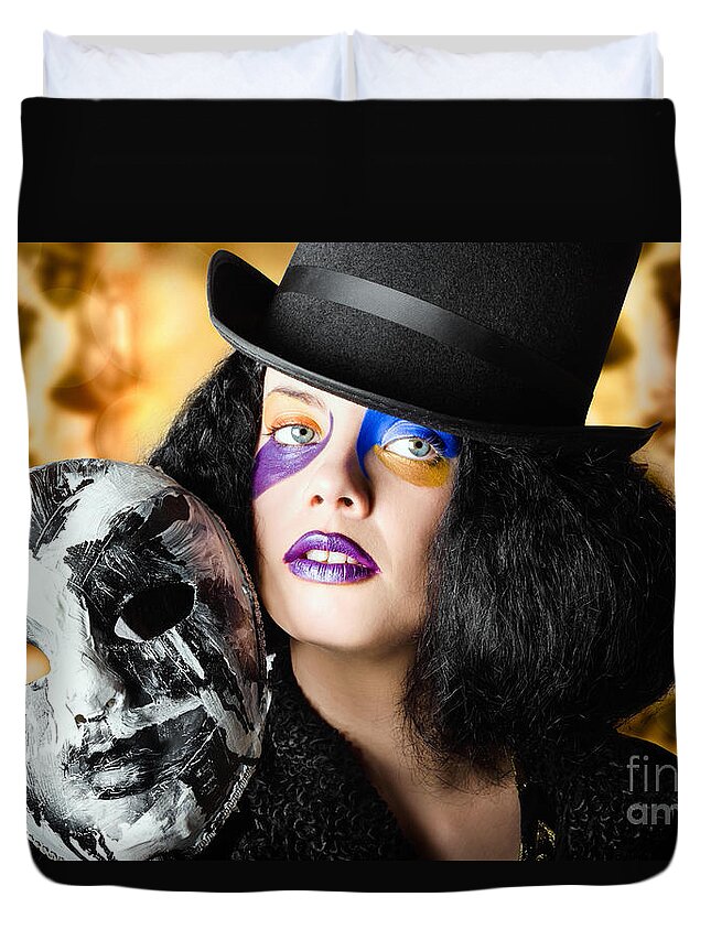 Carnival Duvet Cover featuring the photograph Female jester holding carnival mask. Halloween fete #1 by Jorgo Photography