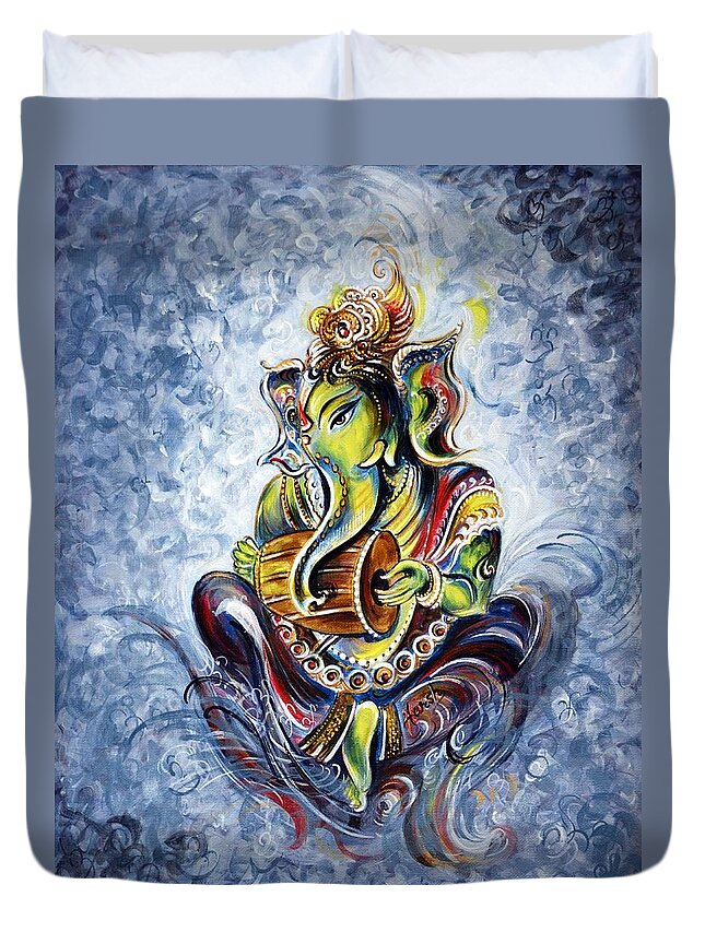 Ganesha Duvet Cover featuring the painting Musical Ganesha by Harsh Malik