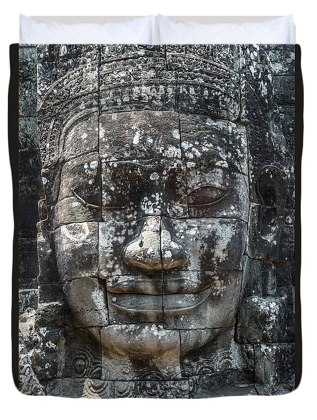 Buddha Duvet Cover featuring the photograph Giant Buddha face inside Bayon temple - Angkor wat -Cambodia #1 by Matteo Colombo