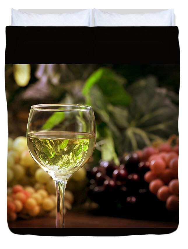 Glass Duvet Cover featuring the photograph Glass and Grapes by Mark McKinney