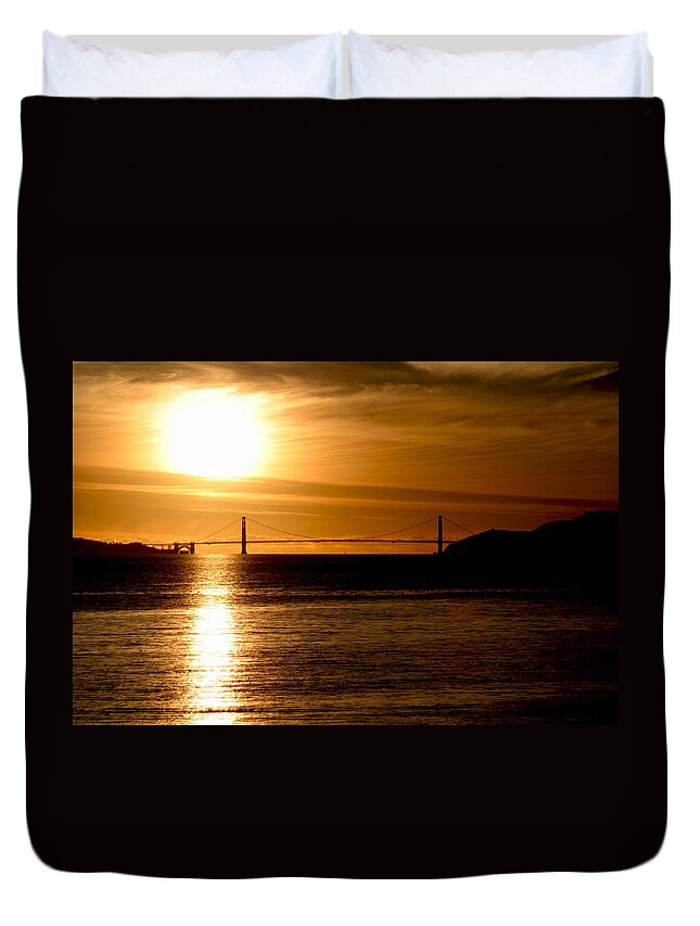 San Francisco Bay Area Duvet Cover featuring the photograph Golden Gate Sunset by Her Arts Desire