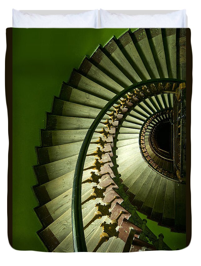 Architecture Spiral Duvet Cover featuring the photograph Green spiral staircase #2 by Jaroslaw Blaminsky