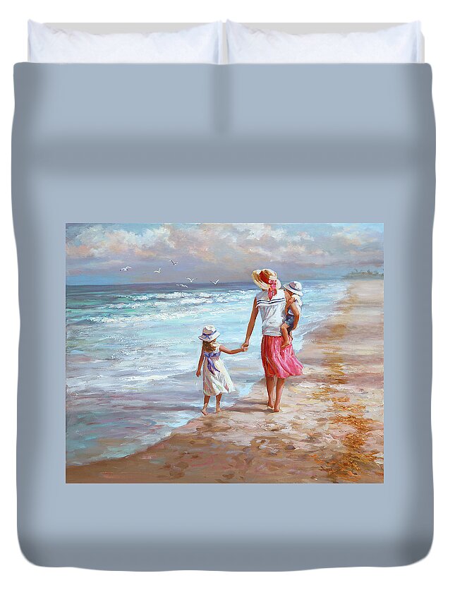 Mom And 2 Kids Duvet Cover featuring the painting Hand in hand by Laurie Snow Hein