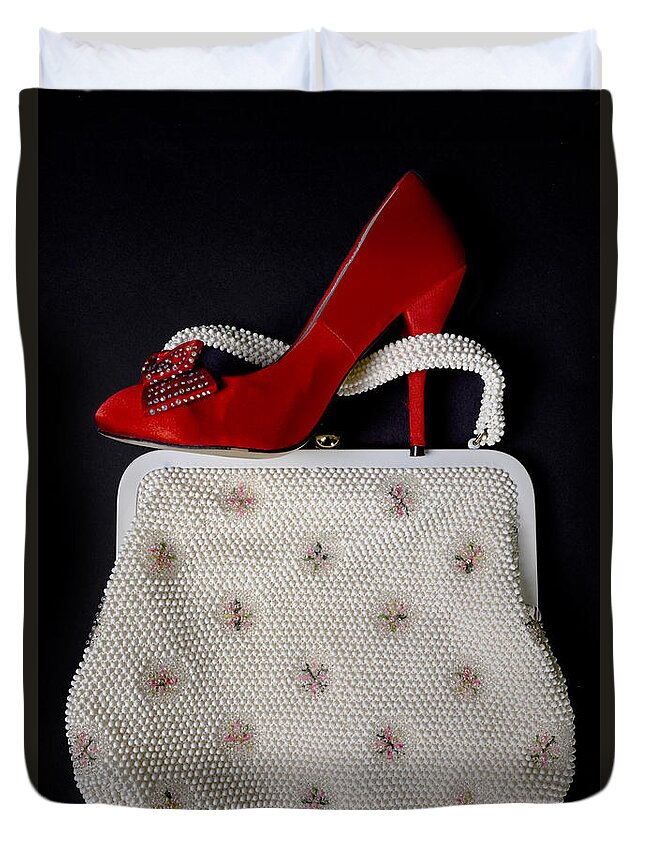 Shoe Duvet Cover featuring the photograph Handbag With Stiletto #1 by Joana Kruse