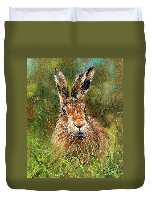 Animals Duvet Cover featuring the painting hARE #1 by David Stribbling