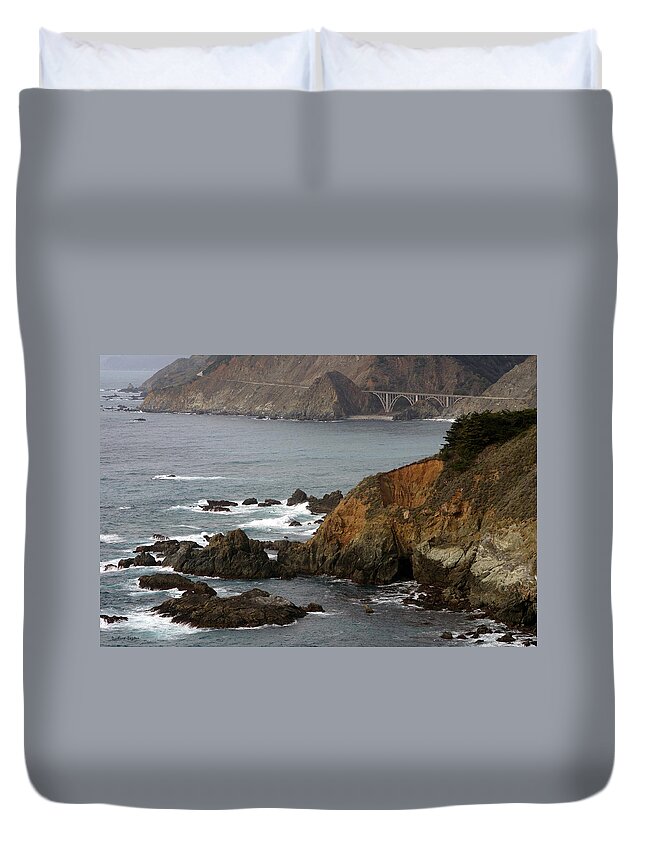 Highway One Bixby Bridge Close Duvet Cover featuring the digital art Highway One Bixby Bridge Watercolor #1 by Barbara Snyder