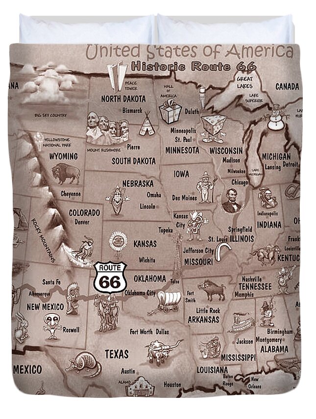 Route 66 Duvet Cover featuring the painting Historic Route 66 Cartoon Map by Kevin Middleton