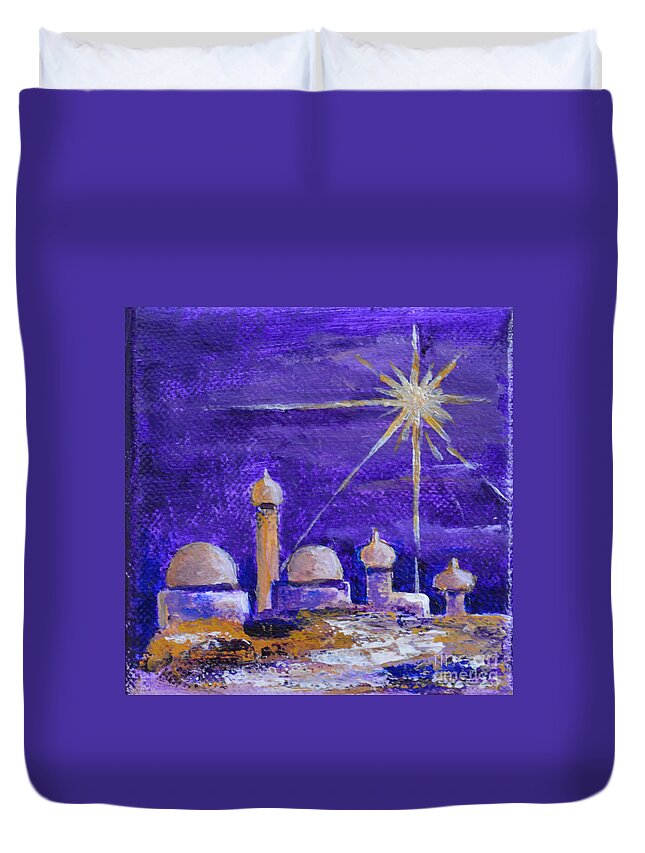 Holy City Bethlehem Ancient Town Jordan Birthplace Of Jesus Purple Bright Star Shining Star Temple Star Of East Gold Building Jerusalem Duvet Cover featuring the painting Holy City #1 by Patricia Caldwell
