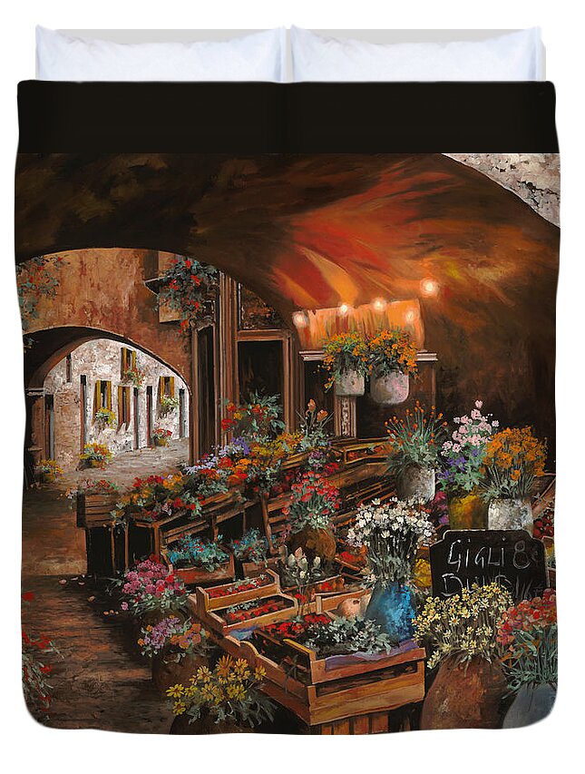 Flower Market Duvet Cover featuring the painting Il Mercato Dei Fiori by Guido Borelli