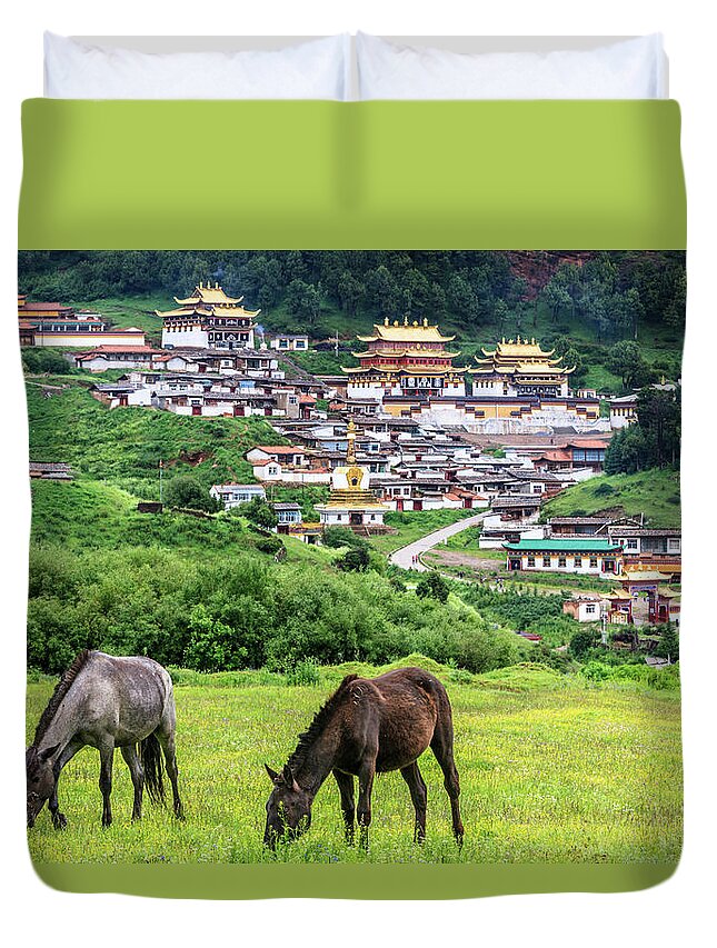 Horse Duvet Cover featuring the photograph Langmu Monastery, Gansu, China #1 by Feng Wei Photography