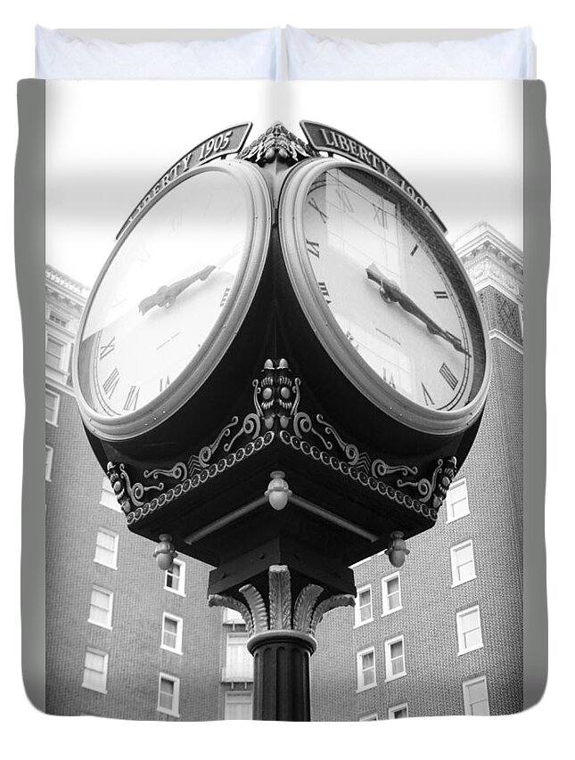 Kelly Hazel Duvet Cover featuring the photograph Liberty Mutual Clock #1 by Kelly Hazel