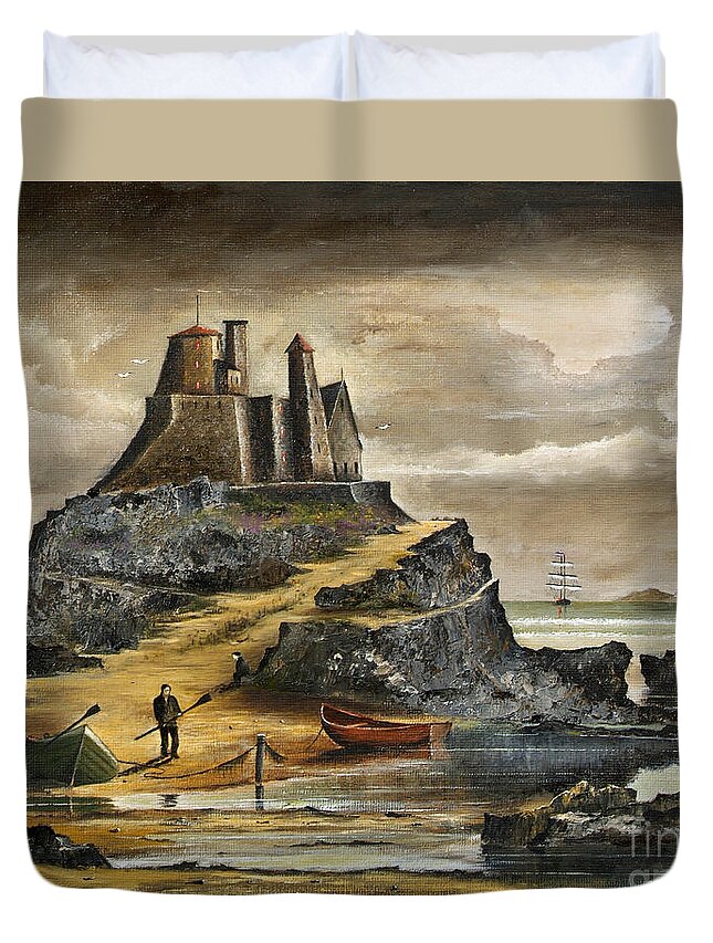 Countryside Duvet Cover featuring the painting Lindisfarne - England by Ken Wood