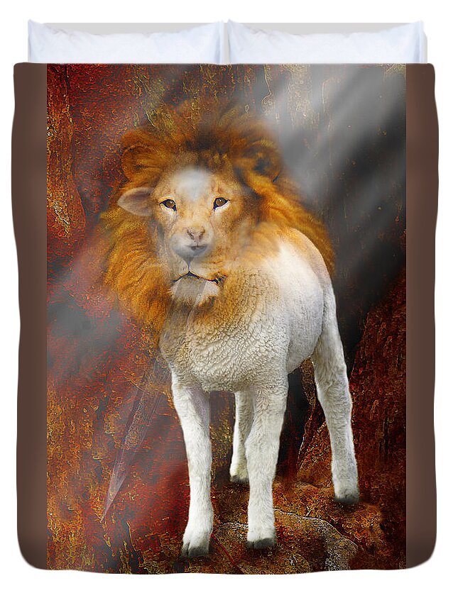 Prophetic Art Duvet Cover featuring the painting Lion and Lamb of God by Constance Woods