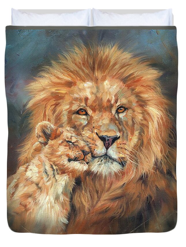 Lion Duvet Cover featuring the painting Lion Love #1 by David Stribbling
