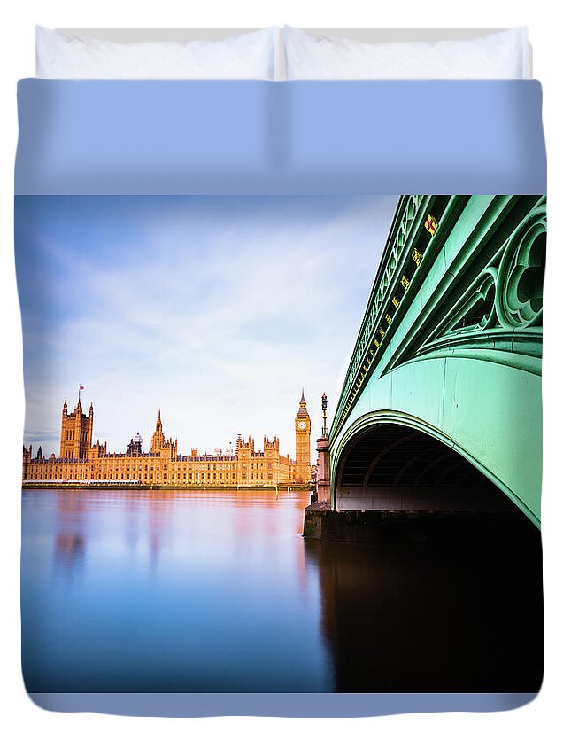 Clock Tower Duvet Cover featuring the photograph London Westminster Bridge #1 by Deimagine