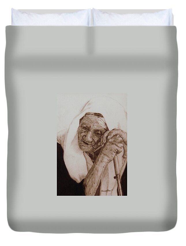 Old Woman Duvet Cover featuring the drawing Loneliness by Quwatha Valentine