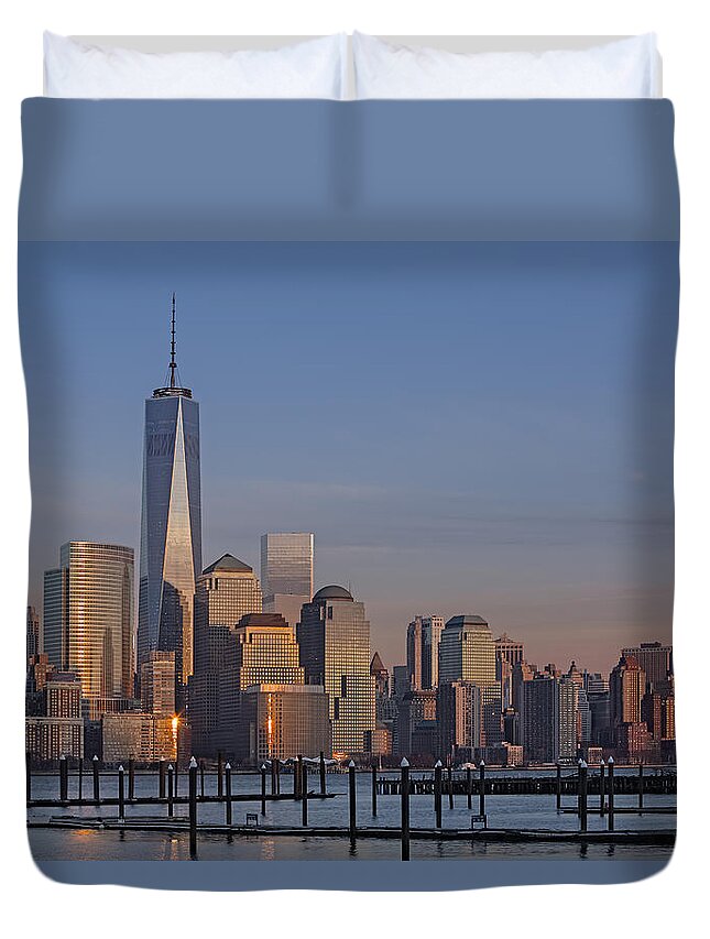 World Trade Center Duvet Cover featuring the photograph Lower Manhattan Skyline by Susan Candelario