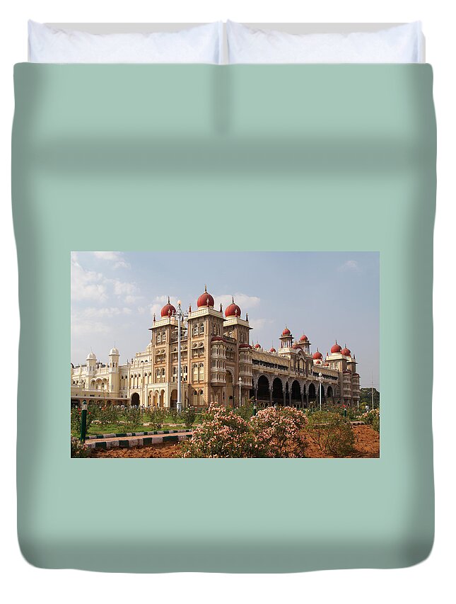 India Duvet Cover featuring the digital art Maharaja's Palace and Garden India Mysore #1 by Carol Ailles