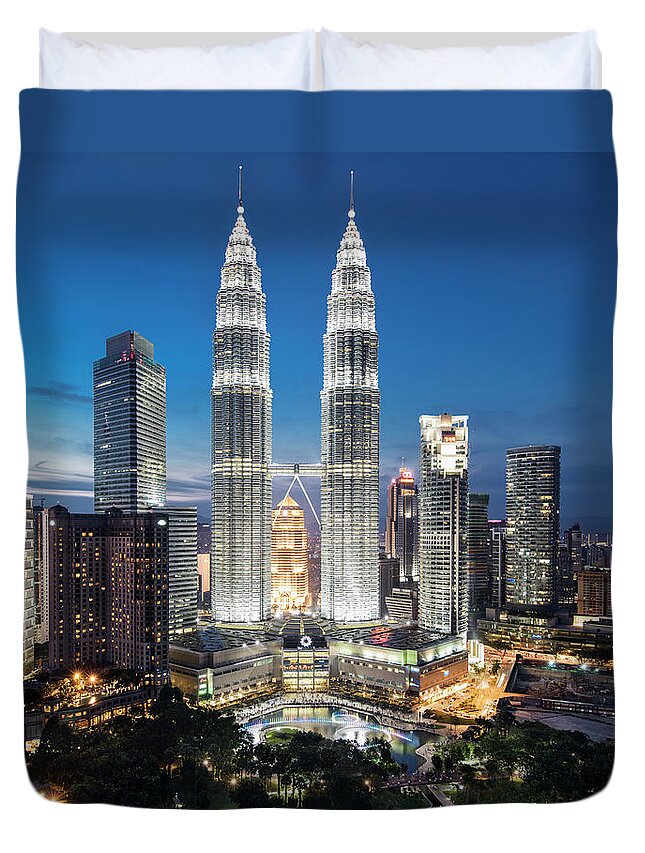 Downtown District Duvet Cover featuring the photograph Malaysia, Kuala Lumpur, Petronas Towers #1 by Martin Puddy