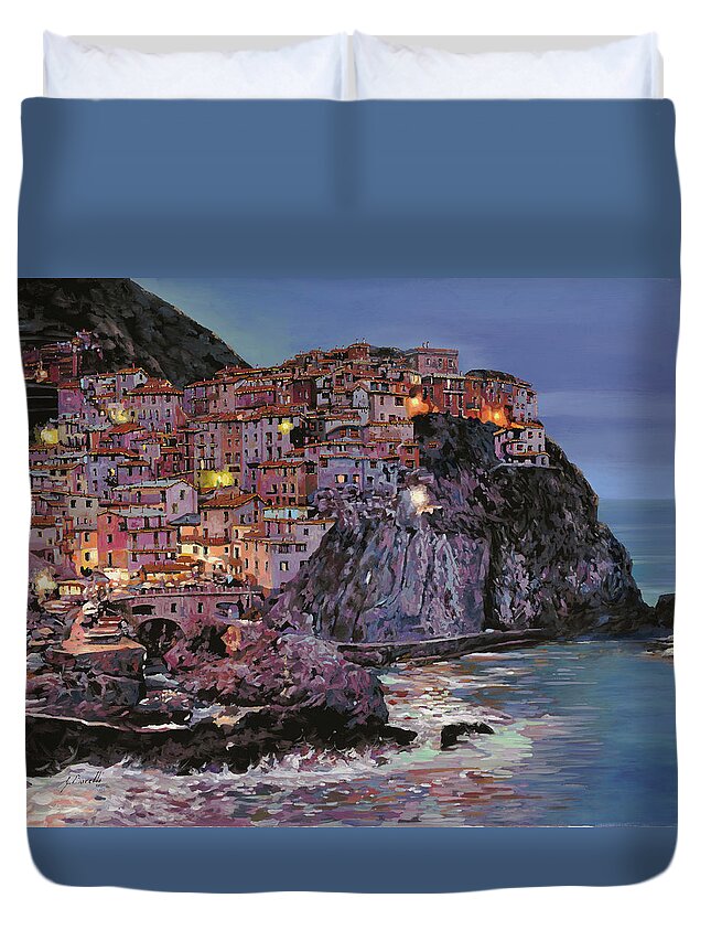 Manarola Duvet Cover featuring the painting Manarola al crepuscolo by Guido Borelli